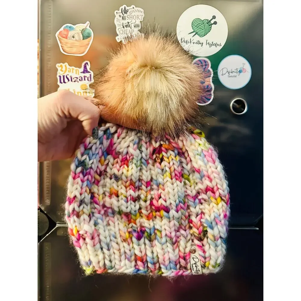 Hand Knit Merino Wool Beanie: Open Ridge Knit Hat with Faux Fur Pom